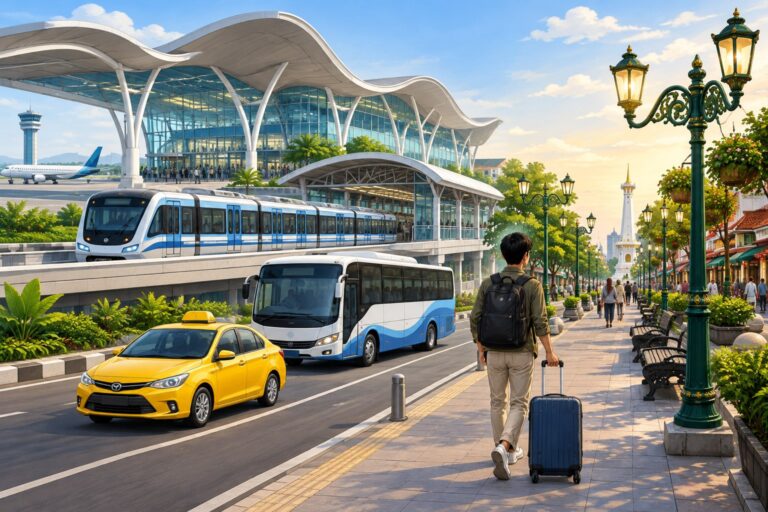 Ilustrasi pilihan kereta, bus, dan mobil dari Bandara YIA ke Malioboro